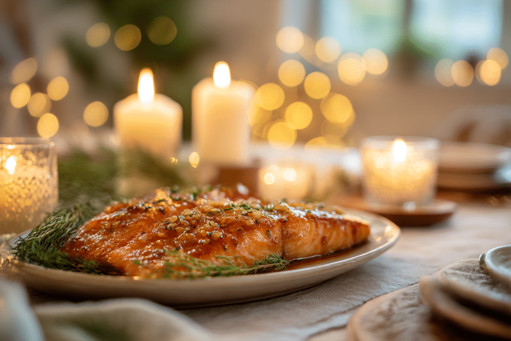 Holiday dinner table with honey garlic glazed salmon on platter, candles and herbs
