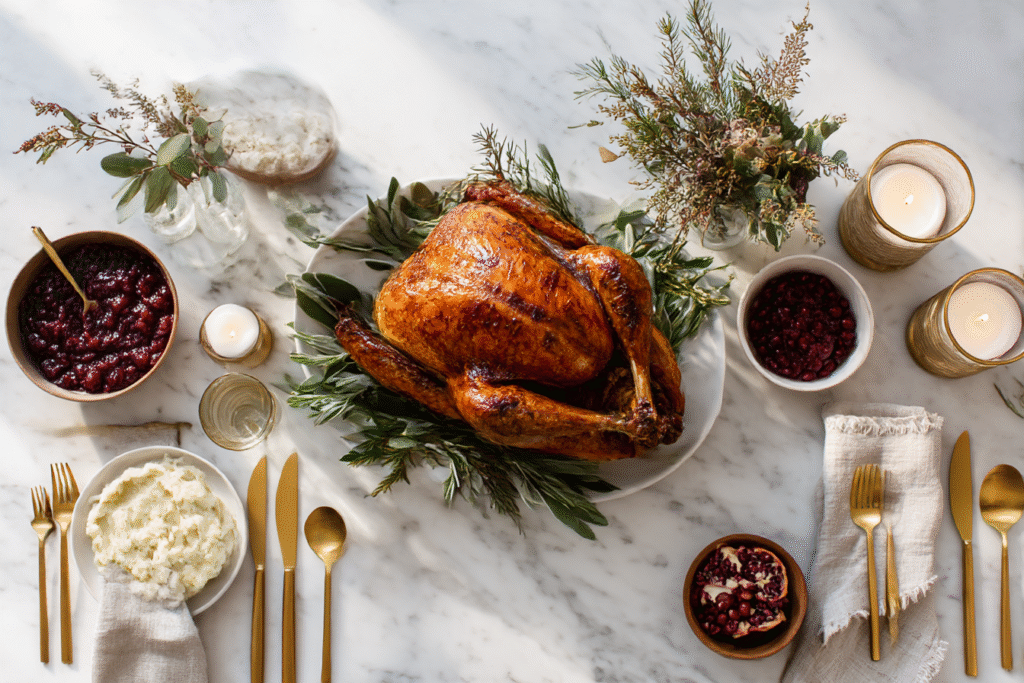 Thanksgiving table flat lay featuring roasted herb-butter turkey centerpiece with mashed potatoes, cranberry sauce, gold cutlery, and greenery on marble background