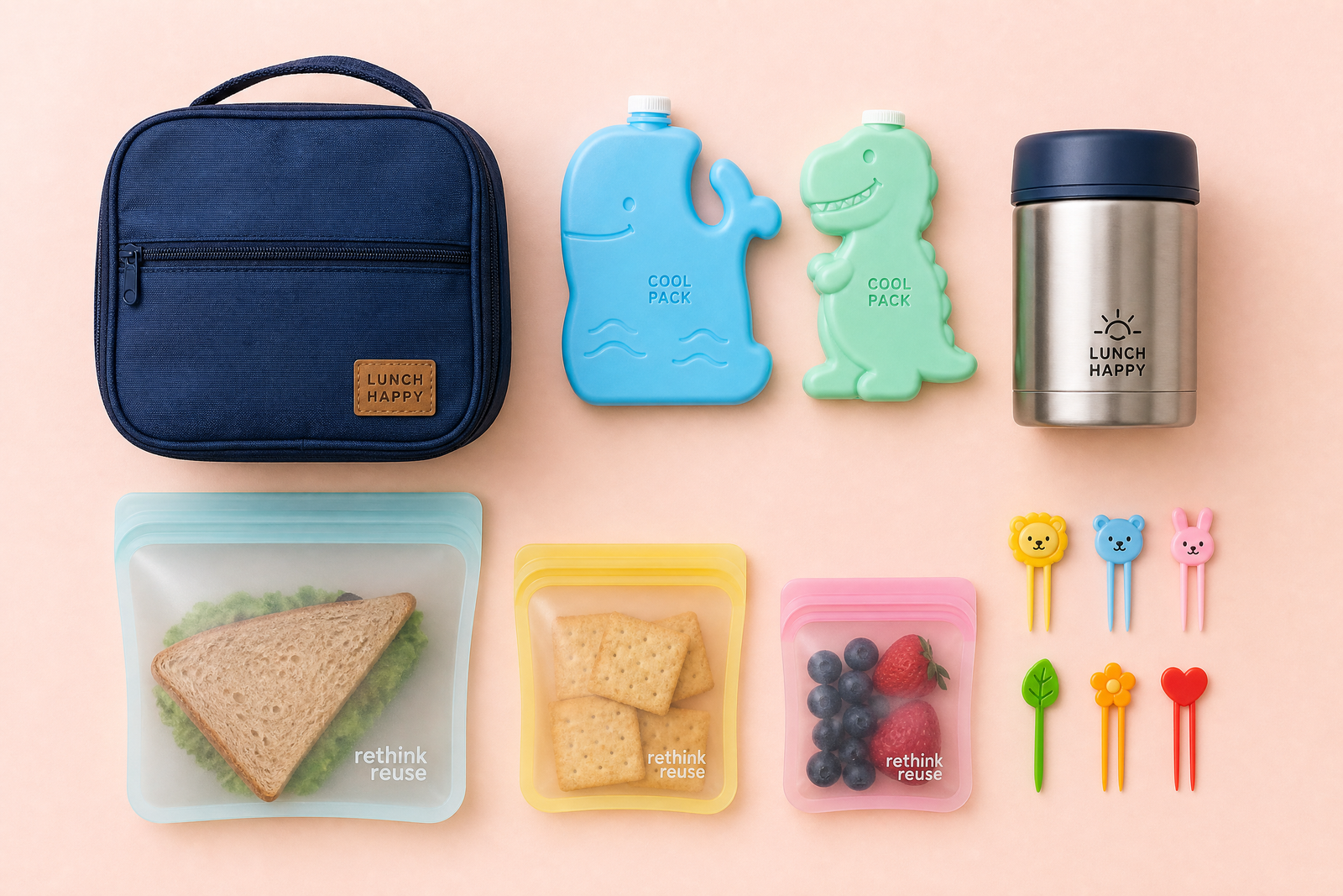 Essential school lunch accessories - insulated bag, ice packs, thermos, reusable bags, and food picks