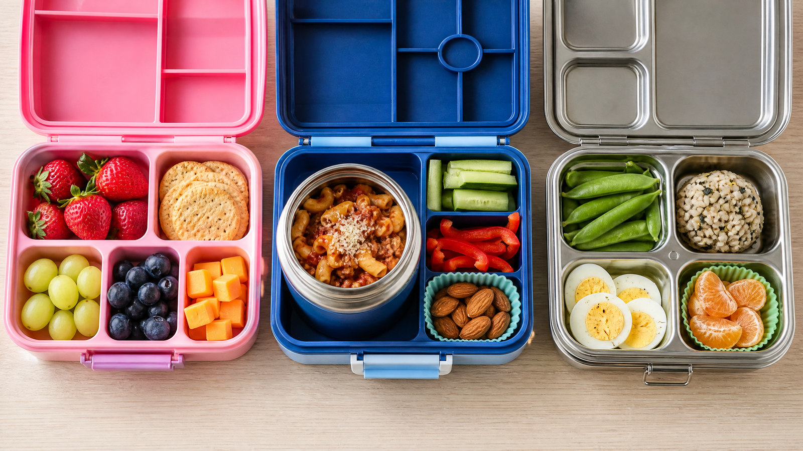 Three different kids lunch boxes compared side by side - pink bento, blue with thermos, and stainless steel