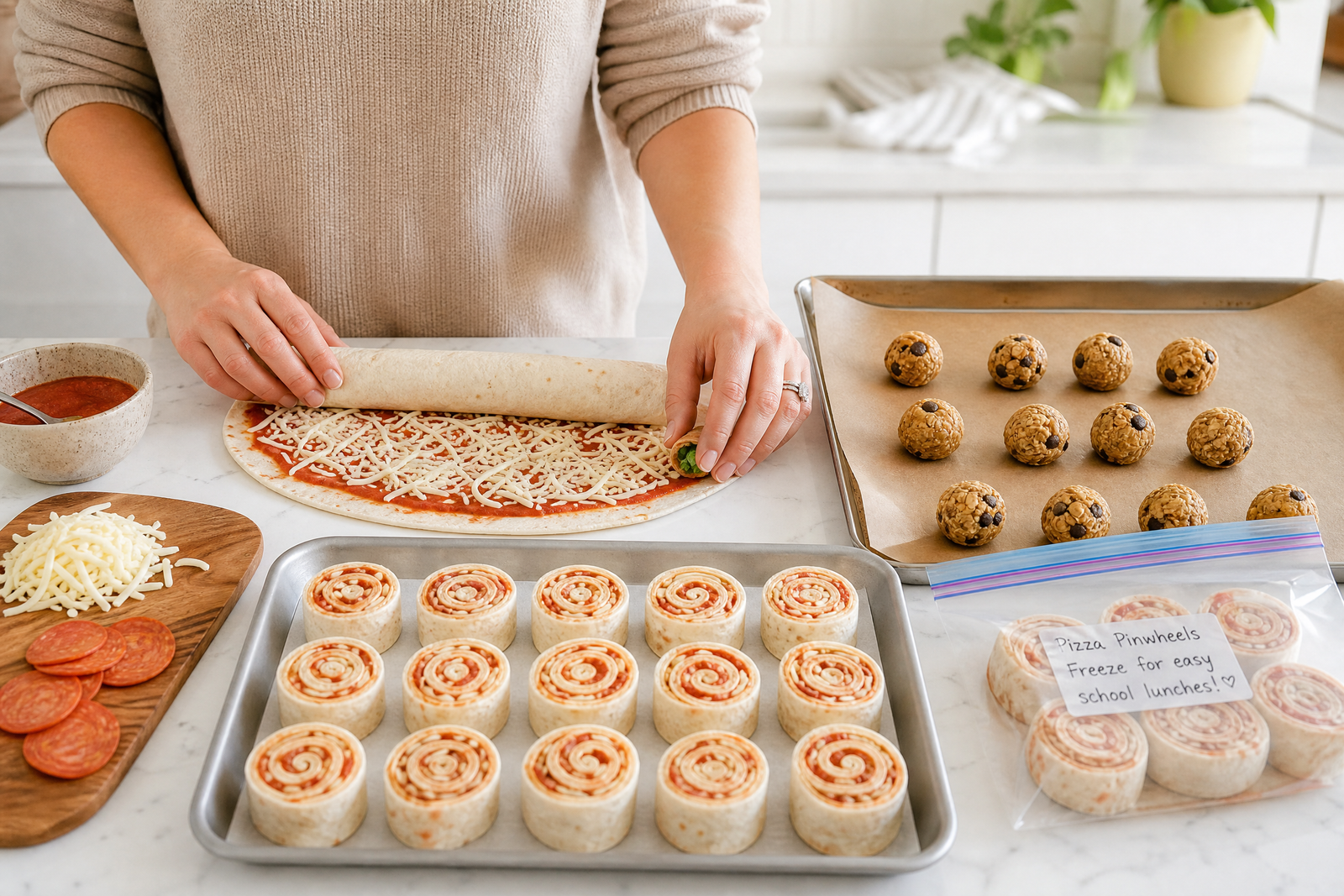 Hands rolling pizza pinwheels with energy bites on a baking sheet ready to freeze