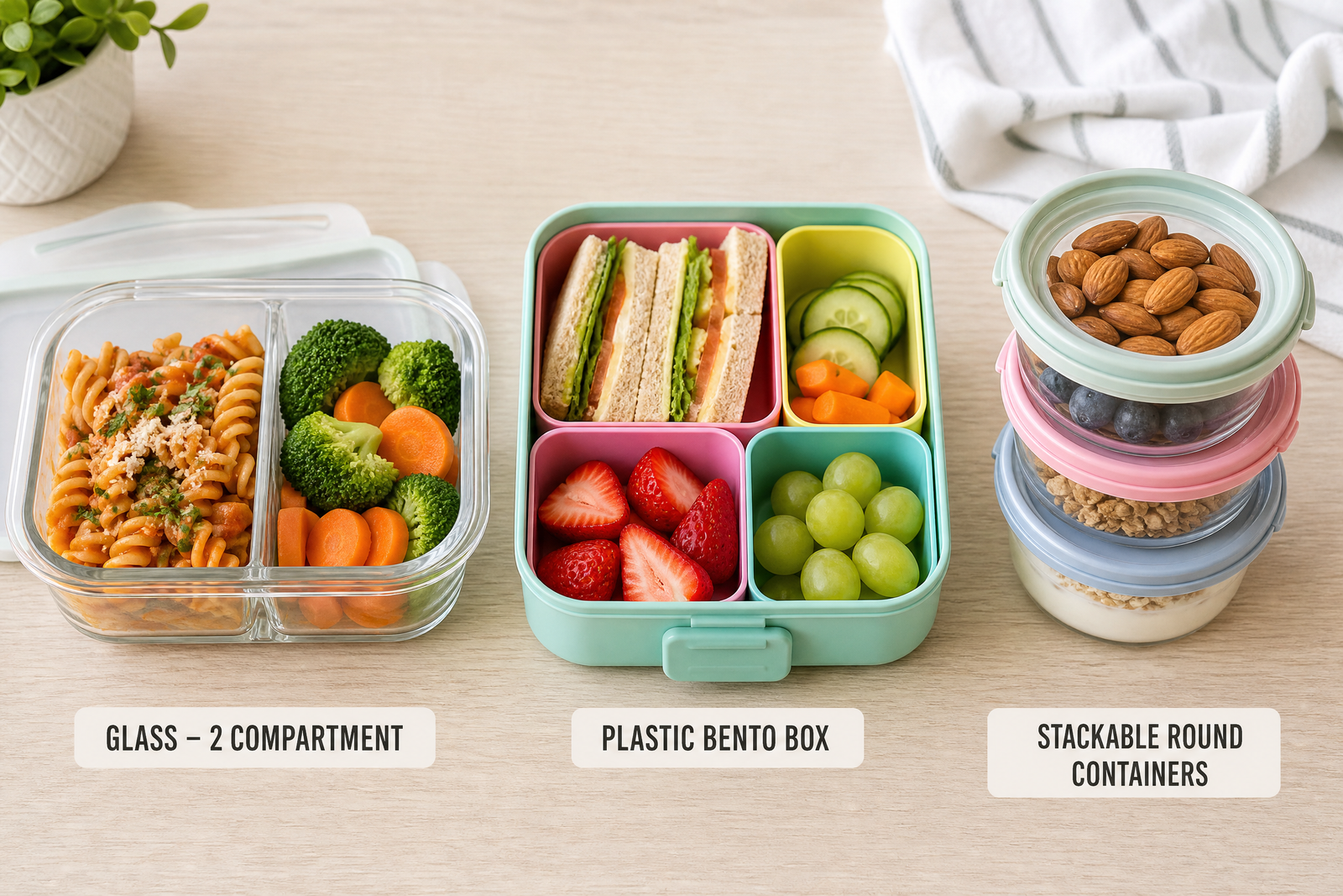 Comparison of glass, bento, and stackable meal prep containers for school lunches